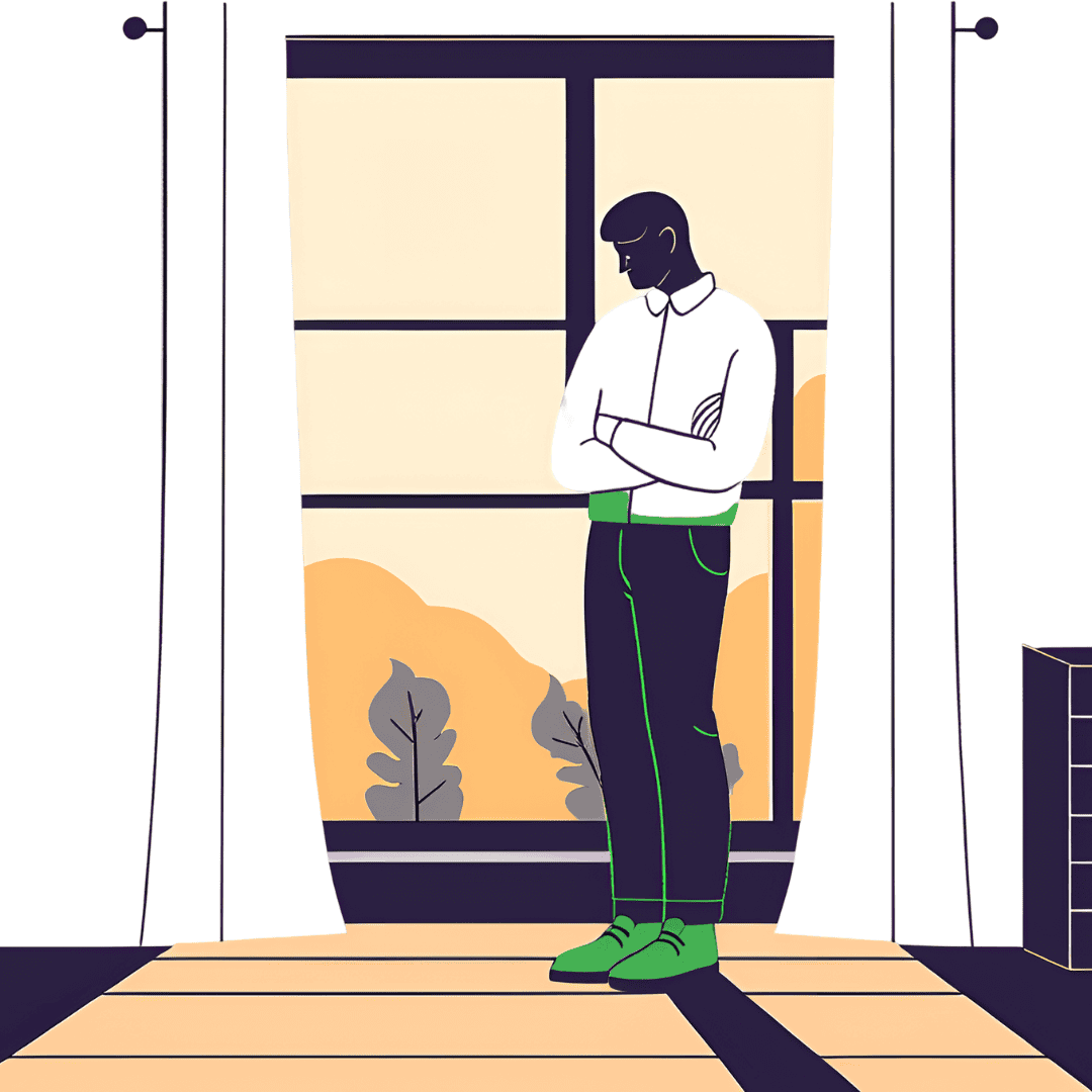 man looking negative standing outside a window